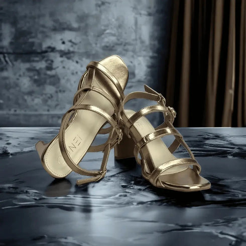 Womens Golden Three Tier Block Heels
